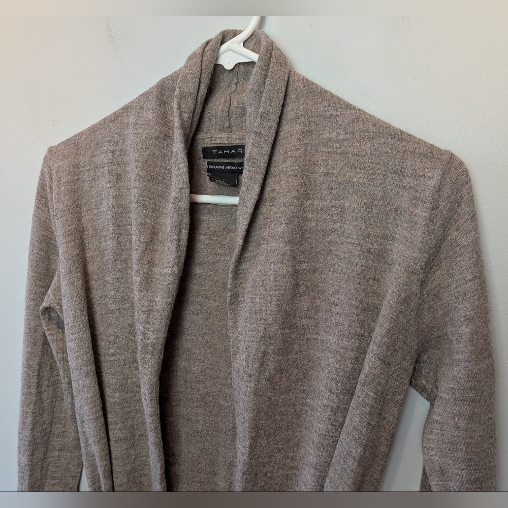 TAHARI Beige Cream Women Long Cardigan Size XL 100% Merino Wool Long Sleeves